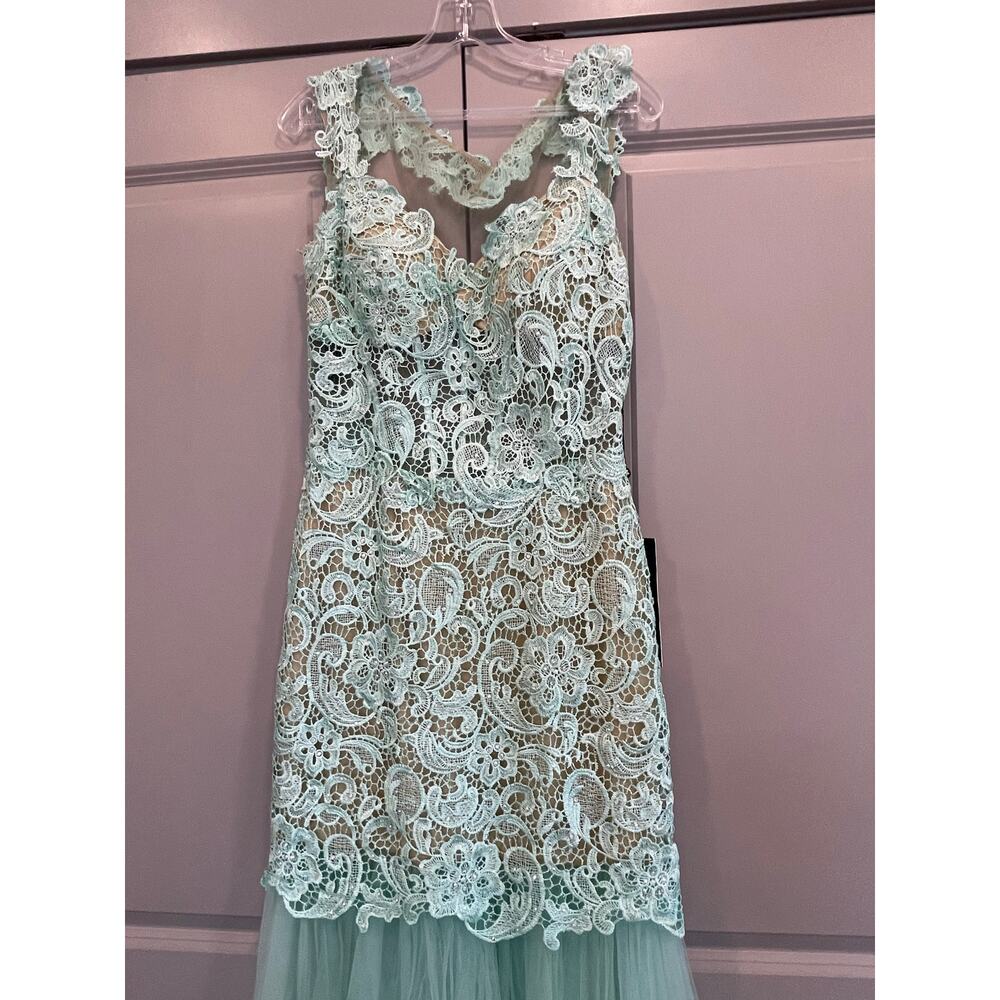 Alyce Paisley Crochet Lace Fit Flare Maxi Gown Dress Women's Size 8 Light Green